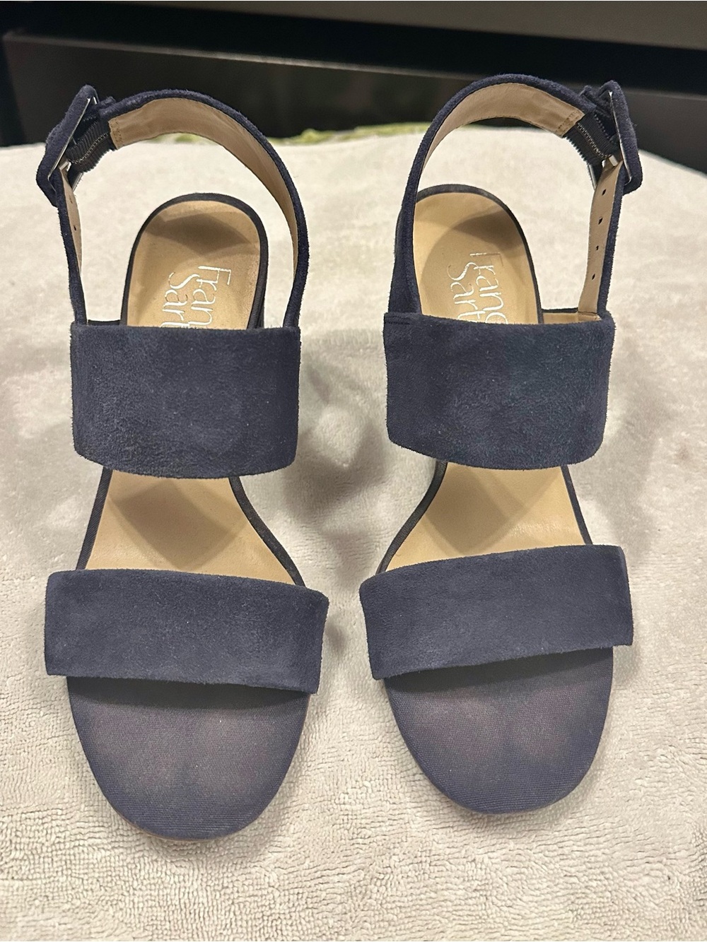 Franco Sarto Navy Suede Double-Strap Block Heel Sandals